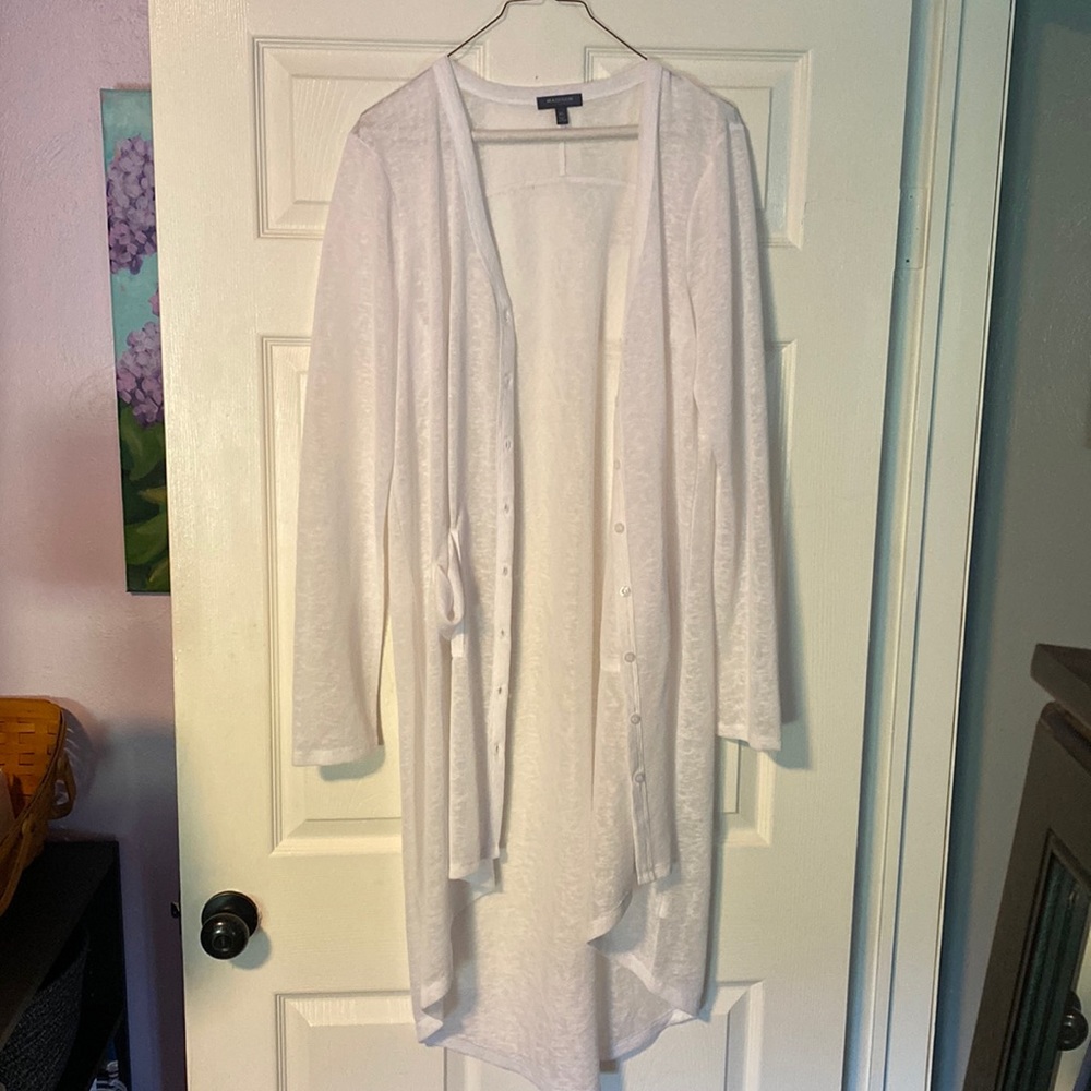 White, summer duster-style cardigan.